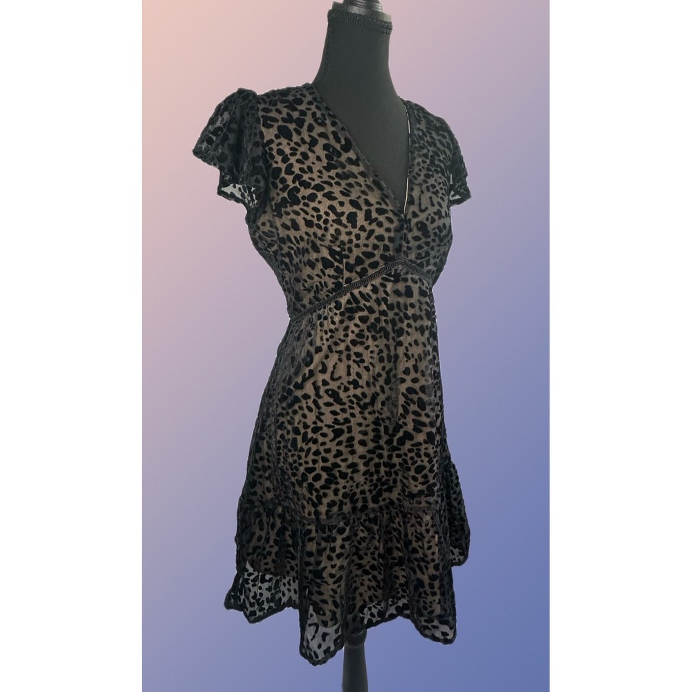fab'rik Women Black Leopard Burnout Velvet Mini Dress Small Flutter Sleeve